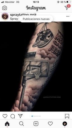 a person with a tattoo on their arm holding a basketball hoop and an instagram