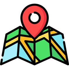 a map with a pin on it and the location is marked in blue, green, yellow and red