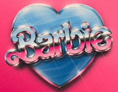 the word barbie written in chrome letters on a pink and blue heart shaped background,