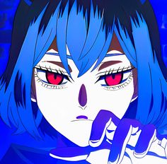 an anime character with blue hair and red eyes holding a finger up to her mouth