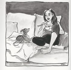 a black and white drawing of a woman sitting on a bed next to a dog