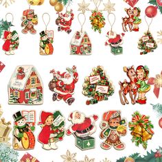 various christmas decorations and ornaments on a white background