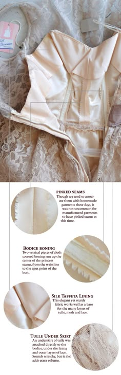 the instructions for how to sew an evening gown with lace and satin materials