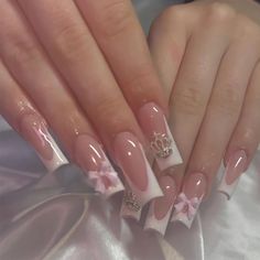 Nails White French, Press On Nails White, Quince Nails, Quinceanera Nails, Square Press On Nails, Long Square Nails, Crown Charm, French Manicure Nails, Girly Acrylic Nails