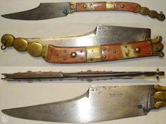 three different types of knifes are shown in four different positions, one with gold and the other red