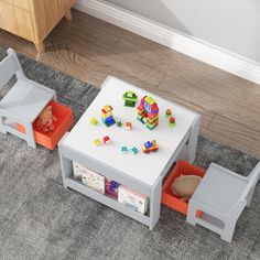 a child's table and chairs with toys in them