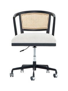 a white and black office chair with wheels on the back, against a white background