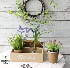 three potted plants sitting on top of a table next to a sign that says market