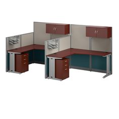 an office cubicle with two workstations and three drawers on each side, all in different colors