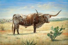 a painting of a longhorn bull standing in a field with cacti and succulents