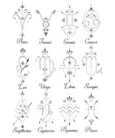 the zodiac signs and their meanings are drawn in black ink on a white paper background