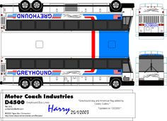 a blue and white bus with the words greyhound on it's side is shown