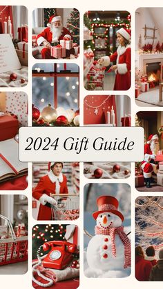 a collage of photos with santa claus and gifts