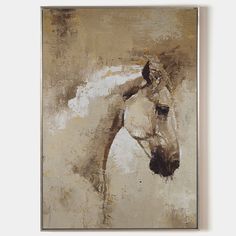 a painting of a white horse is hanging on the wall in front of a white wall