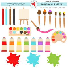 an assortment of art supplies including paints and brushes