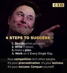 a man making a funny face with his hand in front of him and the words, 4 steps to success