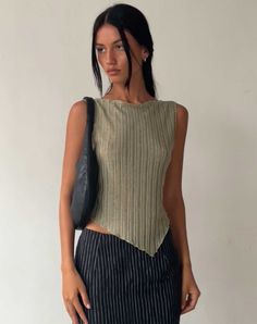 image of Etta Knitted Vest Top in Sage Italian Summer Outfits, Knitted Vest, Looks Street Style, Handkerchief Hem, Knit Vest