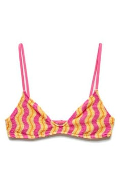 Wavy stripes add groovy style to this touchably textured bikini top cast in vibrant, sunshine-ready hues. Clasps at back Lined 87% polyamide, 13% elastane Hand wash, line dry Imported Summer Beach Sets, Cute Bikinis For Teens Summer, Preppy Bathing Suits, Cute Pink Clothes, Summer Clothes Beach, Triangl Bikinis, Affordable Bikinis, Preppy Swimsuit, Cheap Bikinis