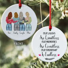 two ornaments hanging from a christmas tree with the words, our daughters are limitless