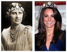 two pictures of the same woman wearing tiara and smiling at the camera, one with pearls on her head