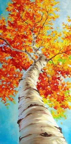 an oil painting of a tree with colorful leaves