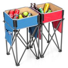 two folding tables with drinks and snacks in them