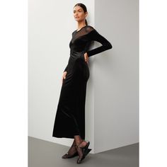 Black mesh and velvet (90% Polyester, 10% Spandex). Sheath. Long sleeves. Crewneck. Pull on. 54" from shoulder to hemline. Imported. Elegant Sheer Bodycon Dress For Formal Occasions, Elegant Black Stretch Mesh Dress, Stretch Mesh Dress With Sheer Bodice For Evening, Fitted Sheer Mesh Evening Dress, Bodycon Dress With Sheer Sleeves For Evening, Elegant Bodycon Dress With Mesh Sleeves For Cocktail, Evening Stretch Mesh Dress With Sheer Back, Elegant Cocktail Bodycon Dress With Mesh Sleeves, Evening Mesh Dress With Sheer Back And Stretch