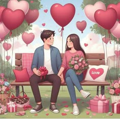 a man and woman sitting on a bench surrounded by heart shaped balloons, holding hands