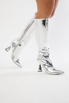 Available In Silver And Black. Knee High Heeled Boots Metallic Pointed Toe High Heel Novelty Heel Imported | This Is My Moment Metallic Boots in Silver size 6.5 by Fashion Nova Boots Metallic, Boots Silver, Silver Boots, Metallic Boots, High Heeled Boots, Knee High Heels, High Heel Boots Knee, High Heel Boots, High Heel