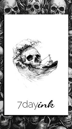 a black and white drawing of a boat in the water with skulls around it,