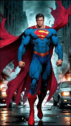 superman in the rain with his cape open and eyes closed, walking through the city