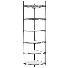 a black metal shelf with four shelves on each side and two white shelves in the middle