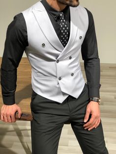 Slim-Fit Double Breasted Vest Gray – BOJONI Business Vest, Wedding Waistcoats, Double Breasted Vest, Mens Waistcoat, Men's Waistcoat, Mens Suit Vest, Mens Jackets Casual, Sweatshirts Pattern, Men's Vest