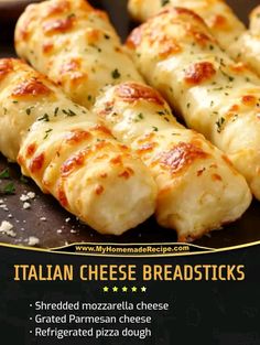 an advertisement for italian cheese breadsticks on a black plate with other food items in the background