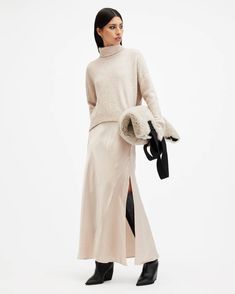 Nico 2-In-1 Maxi Dress Fawn Brown | ALLSAINTS US Styling Silk Dress Winter, Styling Silk Dress, Iconic Duo, 21st Dresses, Nightwear Women, Satin Slip, Satin Slip Dress, Sweaters And Jeans, Roll Neck