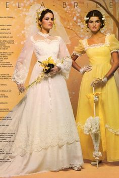 two women dressed in wedding gowns standing next to each other