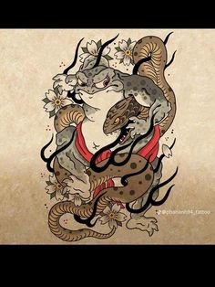 a drawing of a snake with flowers on it's back and the tail curled up