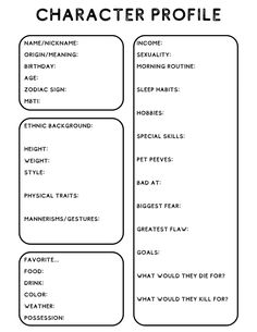 Character Bio Template, Character Profile Template, About Character, Character Bio, Profile Template