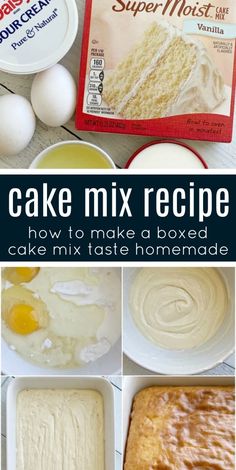 how to make cake mix recipe with ingredients including eggs, butter and sugar on top