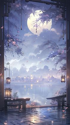 an image of a night scene with the moon in the sky and lanterns hanging from the ceiling