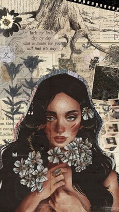 a woman with flowers in her hair is surrounded by pictures and words on the wall