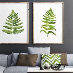 two green leaves are hanging on the wall above a gray couch and coffee table in this modern living room