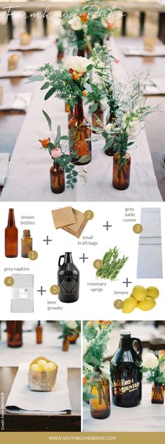 a collage of photos showing different types of vases and bottles with flowers in them