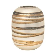 a white vase with gold stripes on the outside and inside, sitting against a white background