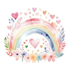 a watercolor rainbow with hearts and flowers