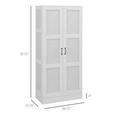 a tall white cabinet is shown with measurements