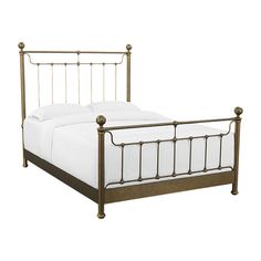 a metal bed frame with white sheets and pillows on top of it, against a white background