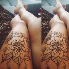 two pictures of the same woman's legs with tattoos on them and one is laying down