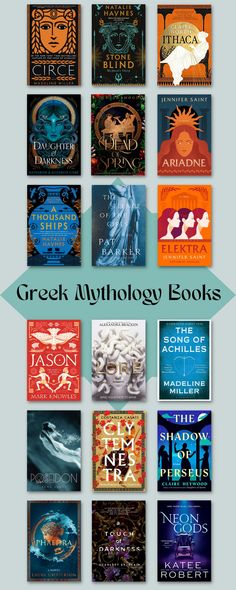 the book covers for greek mythology books are shown in different colors and font, with an arrow