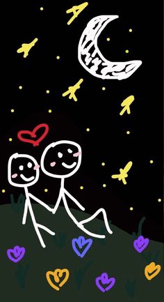 an image of two people holding hands under the moon and stars in the night sky